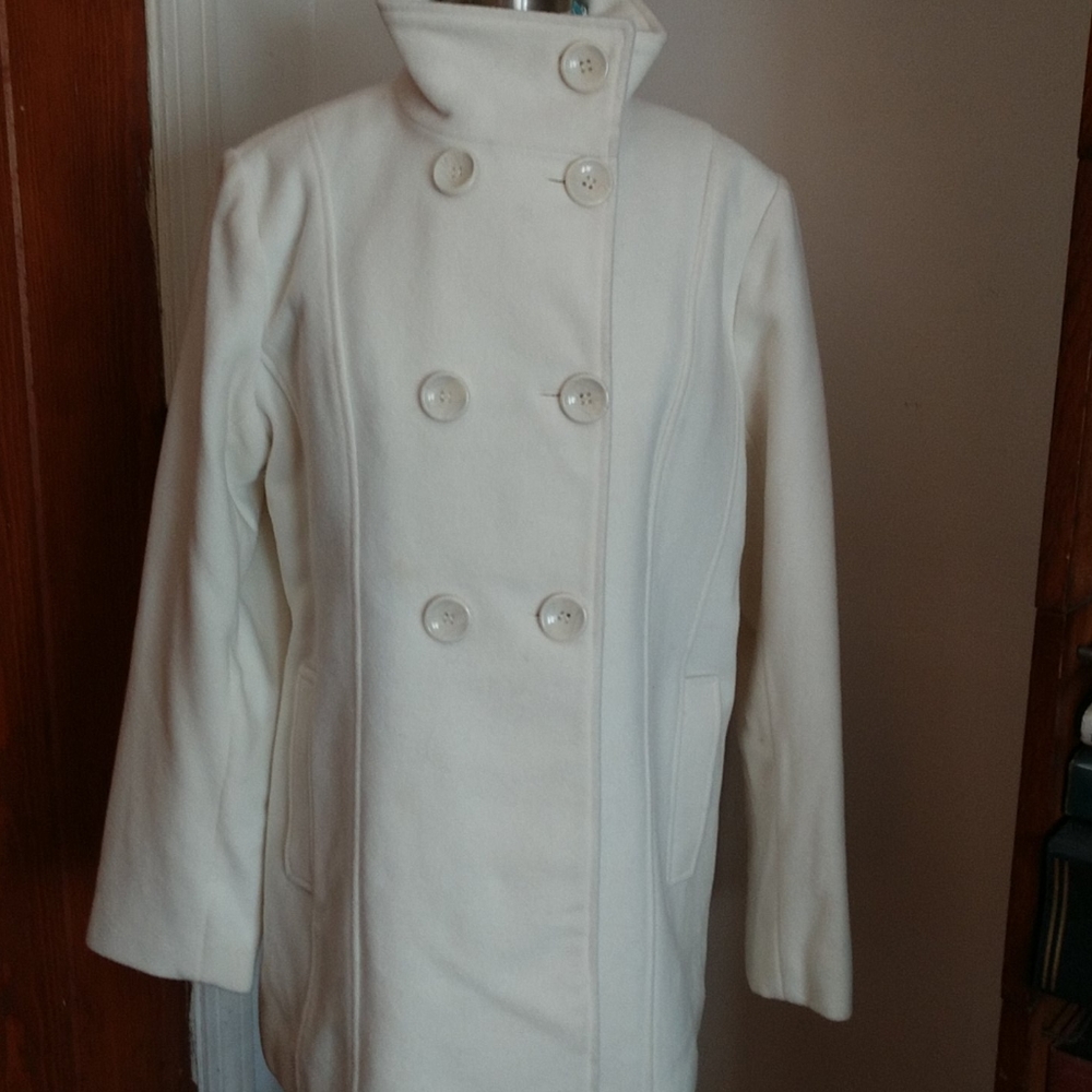 Steve Madden Funnel Neck Princess Seam LIGHWT Ivory Wool Coat NWOT